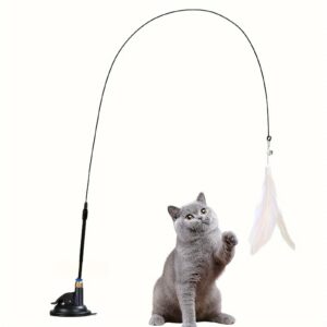 Long Suction Cup Pole Interactive Bell and Feather Wand Cat Teaser Toy_0