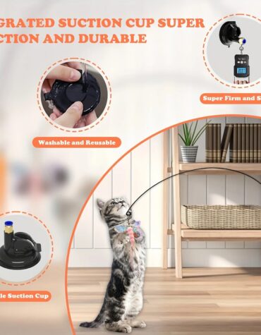 Long Suction Cup Pole Interactive Bell and Feather Wand Cat Teaser Toy_3