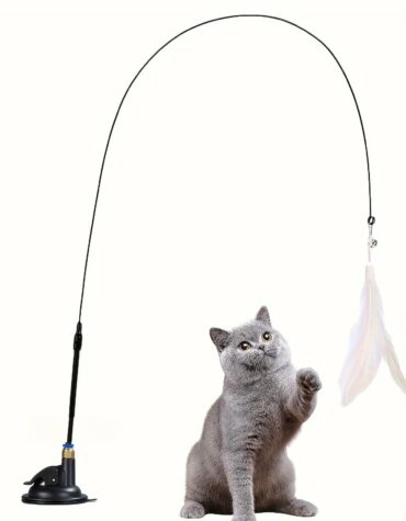 Long Suction Cup Pole Interactive Bell and Feather Wand Cat Teaser Toy_0