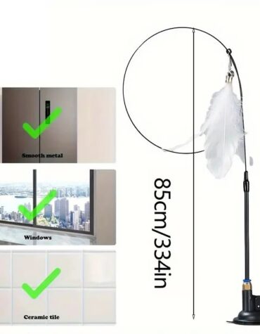 Long Suction Cup Pole Interactive Bell and Feather Wand Cat Teaser Toy_1