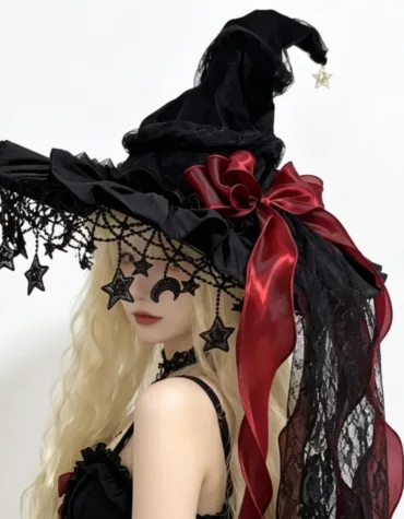 Lace Velvet Witch Hat with Lace Trim and Moon Pendant for Halloween Costume Party Masquerade Cosplay Party Accessory